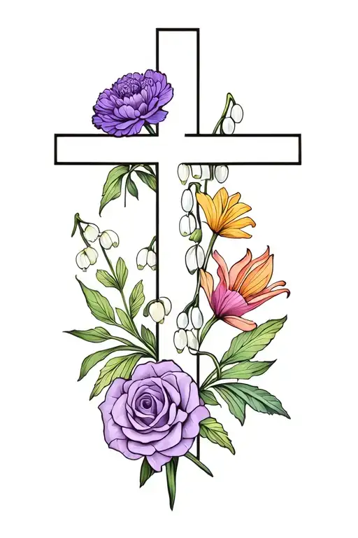 Fine Line Cross with a Carnation, Violet, Daffodil, Lily of valley, Rose, and marigold tattoo design idea