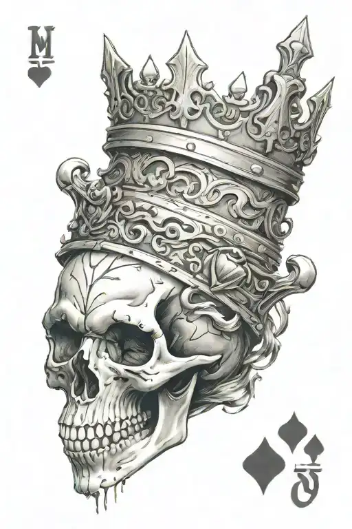 a skeleton head with crown made playing  with wolf by playing card tattoo design idea
