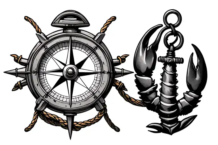 compass with anchor lobster and rope hanging tattoo design idea