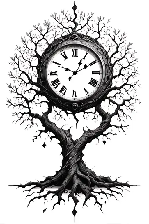 broken clock, loss, family tree intertwined tattoo design idea