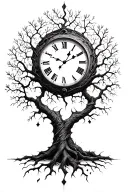 broken clock, loss, family tree intertwined tattoo design idea