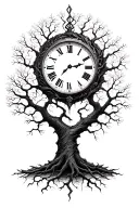 broken clock, loss, family tree intertwined tattoo design idea