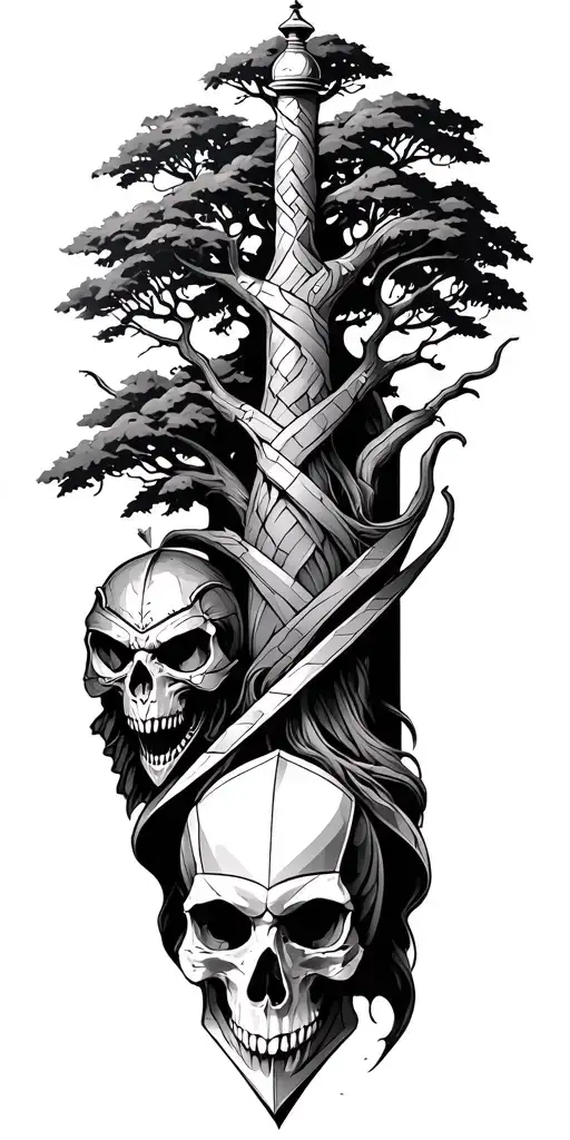 geometric tattoo sleeve with the tree of Gondor, a knight piece from chess, and the mythosaur skull weaved in tattoo design idea