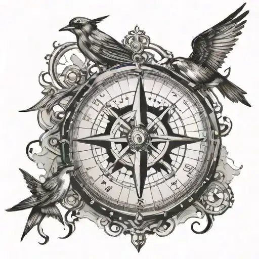 compass, two swallows flying, anchor, ship steering wheel, world map tattoo design idea