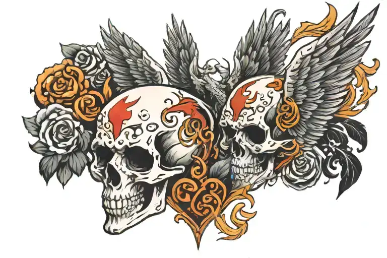 skull heart phoenix tattoo design idea