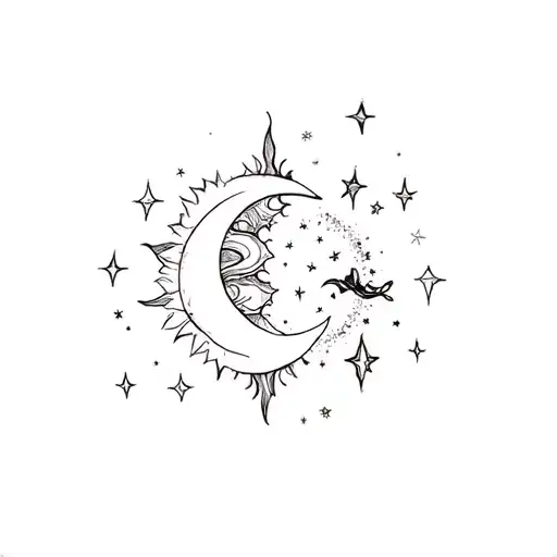 a crescent moon merging together with the sun moon stars tattoo design idea