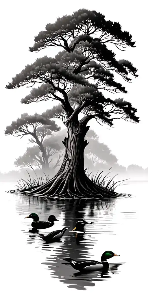 swamp scenery including cypress trees with wood ducks flying tattoo design idea