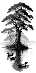 swamp scenery including cypress trees with wood ducks flying tattoo design idea