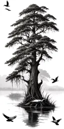 swamp scenery including cypress trees with wood ducks flying tattoo design idea
