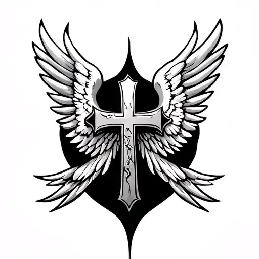 cross and wings on back tattoo design idea