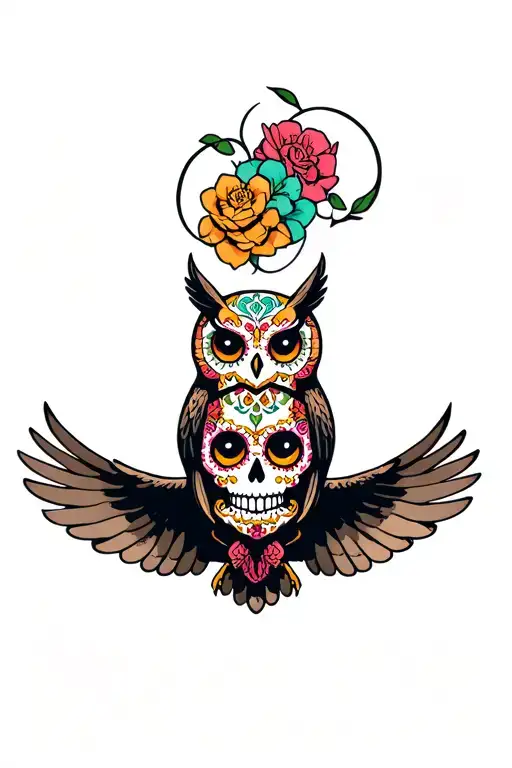flying owl holding a sugar skull tattoo design idea