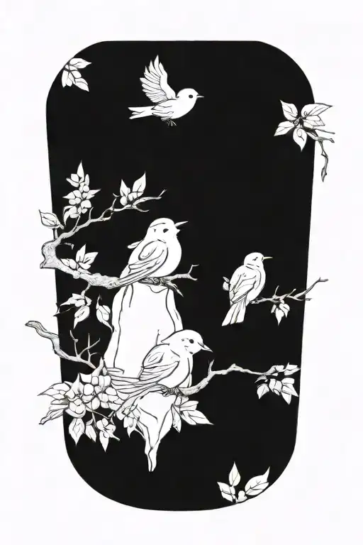 three little  birds on branch one flying back   tattoo design idea