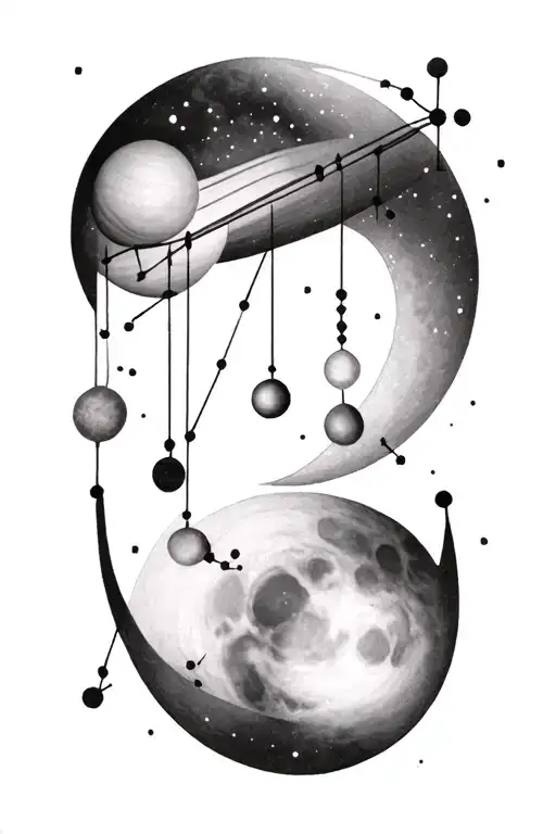 Using the constellation for cancer, make a mobile of a crescent moon, Saturn, and mercury hanging from the constellation tattoo design idea