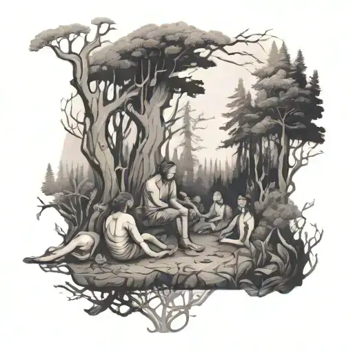 A solitary figure sitting in a forest clearing surrounded by family and friends in spirit form tattoo design idea