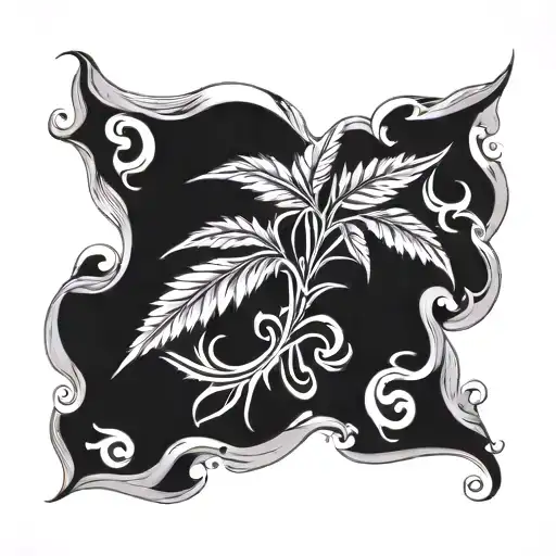 A tattoo design of a cannabis leaf intertwined with ocean waves and a setting sun, symbolizing relaxation and peace tattoo design idea