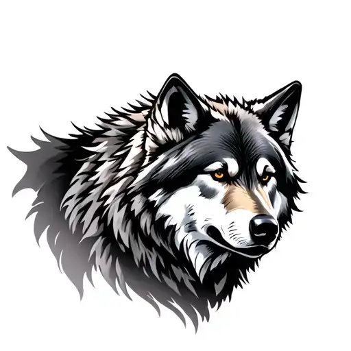 A realistic black and gray tattoo-style illustration featuring a timberwolf in the foreground in a defensive, protective tattoo design idea