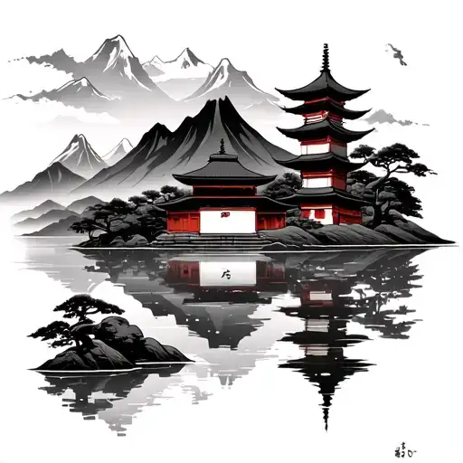 japense temple and mountain lake scene tattoo design idea