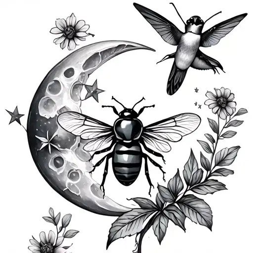 plants Star moon ladybug bee and hummingbird tattoo design idea
