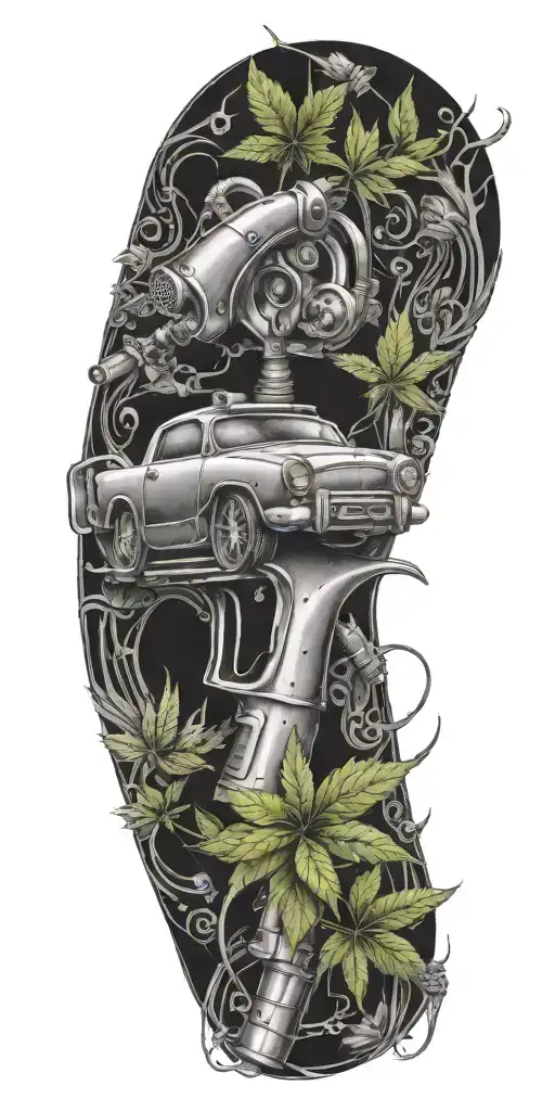An intricate tattoo design incorporating elements of a car spray gun and weed leaves, symbolizing your passion for your occupation and hobbies tattoo design idea