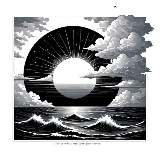 futuristic sunrise tattoo over ocean with clouds on the side partially covering up sun with sun rays shining out tattoo design idea