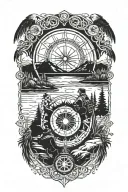 A father and son silhouette sitting by a lake in the mounatins. intertwine a compass, dove,  and dreamcatcher.  tattoo design idea