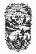A father and son silhouette sitting by a lake in the mounatins. intertwine a compass, dove,  and dreamcatcher.  tattoo design idea