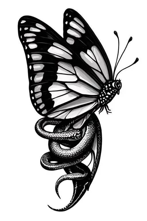 I've already have a tatto of a buterfly with 2 snakes head. and i wanna do something special to integrate it  tattoo design idea