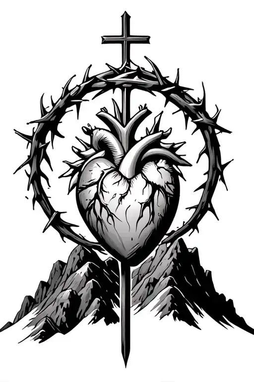 flaming heart, encircled by a crown of thorns and pierced by a lance, with a cross emerging from it on top of a mountain tattoo design idea