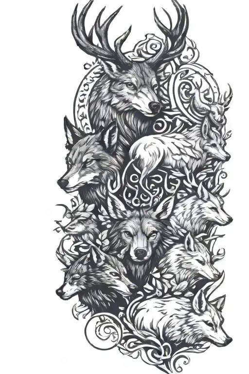 Stag, wolf, fox, boar, swan, and raven tattoo design idea
