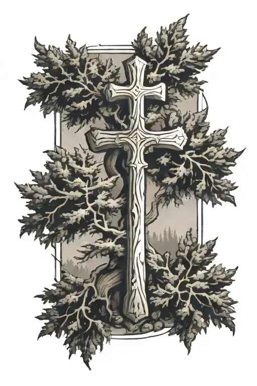 2 pinetrees with a cross in the middle  tattoo design idea