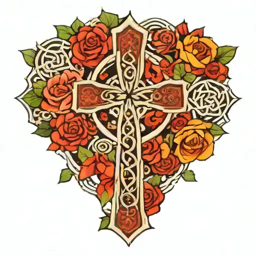 celtic cross, roses, tribal pattern incorporating elements tattoo design idea
