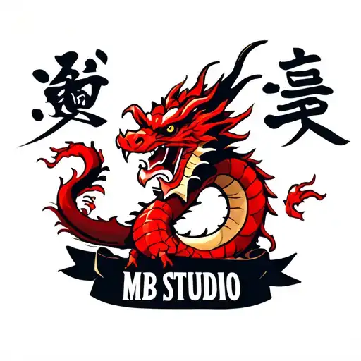 Easy and simple japanese style red dragon with banner that says "MB Studio" with tradicional japanese colors, store logo tattoo design idea