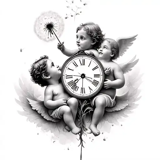 Cherub blowing a dandelion clock with two children, a girl and a boy above the cherub tattoo design idea