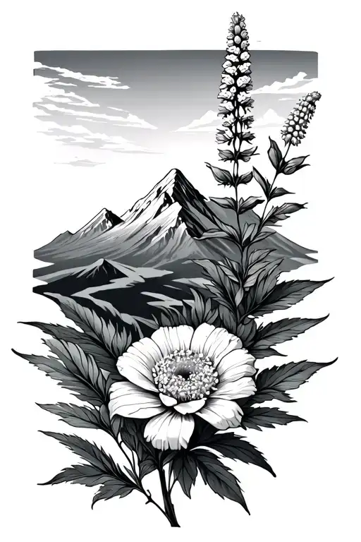 hyssop flower and mountain peak tattoo design idea