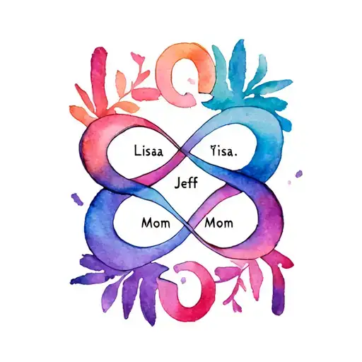 A circle or infinity sympbol word tattoo incorporating the names Lisa, Jeff, and Mom tattoo design idea