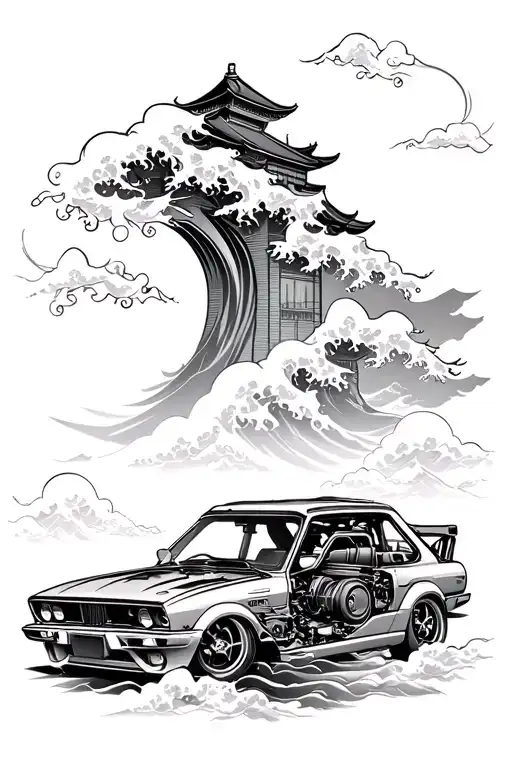 wave, cloudy car engine and Chinese temples tattoo design idea