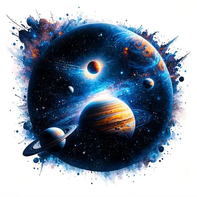Technology With planets with space and cosmic dust and galexy  tattoo design idea