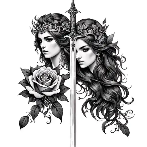 king Jamie queen Kayla love fire rose sword protection beauty tattoo design idea