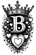 kings crown with a smaller queens crown surrounded with hearts and stars with A capital letter B and a capital letter C tattoo design idea