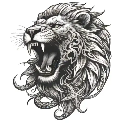 lion roaring with a snake wrapped around it and a starfish tattoo design idea