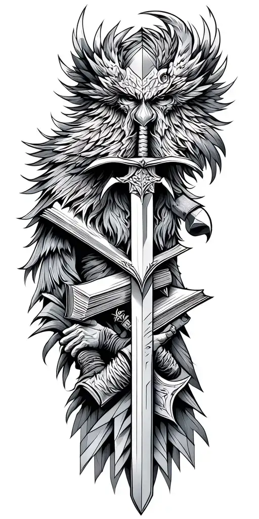 warrior, wizard, blacksmith faces with sword, hammer, book and a Phoenix  tattoo design idea