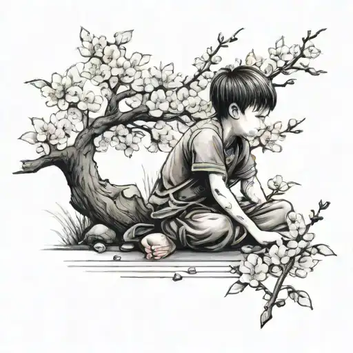 little boy sitting under cherry blossom tree tattoo design idea