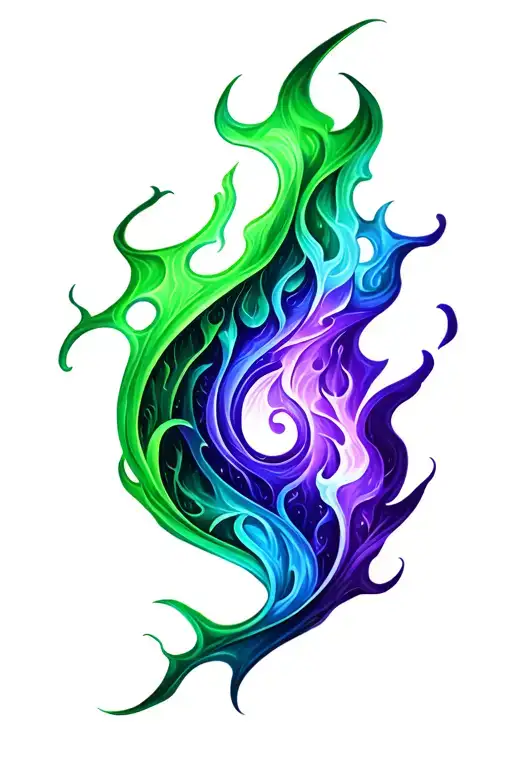 hyper-realistic ghostly tattoo design flames that transition seamlessly between green and purple overall teardrop shape tattoo design idea