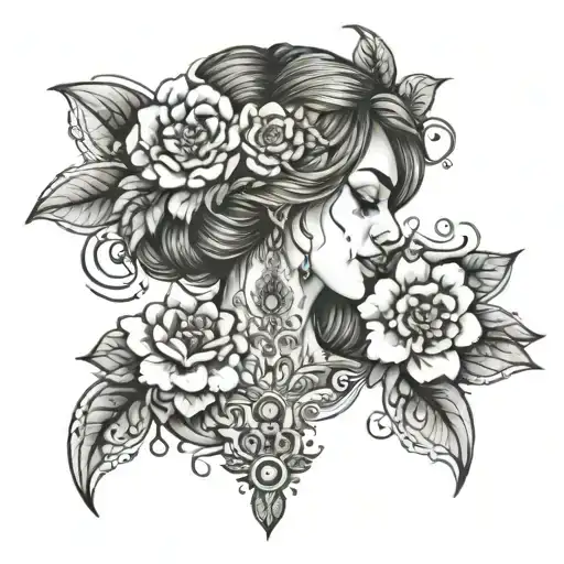 Crying woman, flowers, mandala tattoo design idea