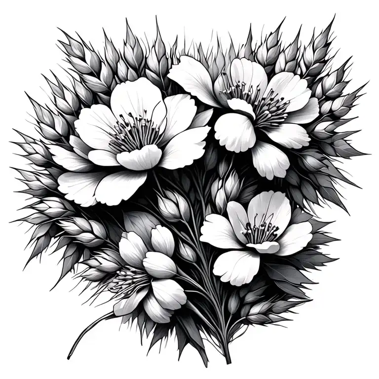 hawthorn flowers with wheat stalk intertwined tattoo design idea