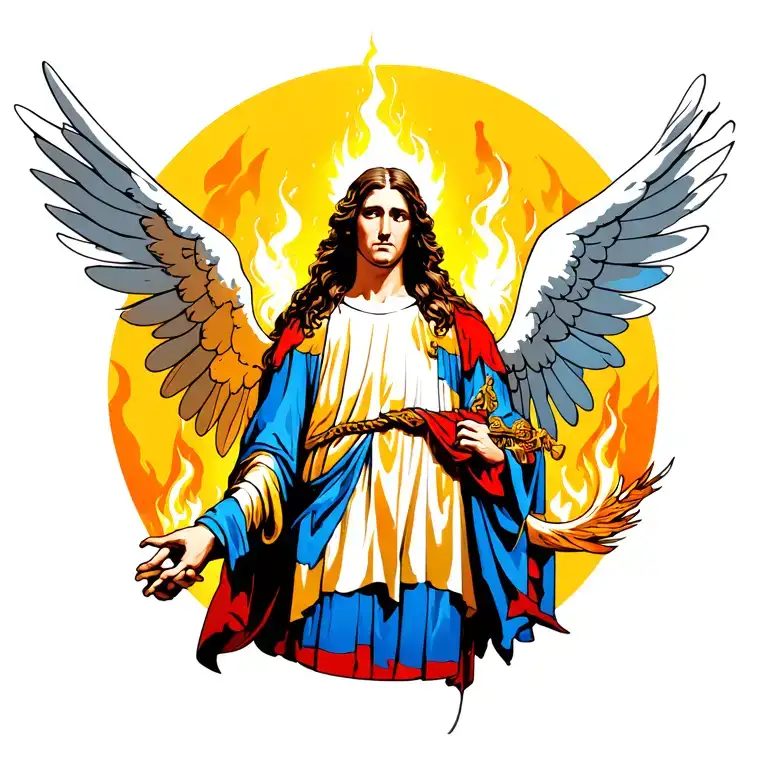 biblical angel with light and fire in the background  tattoo design idea