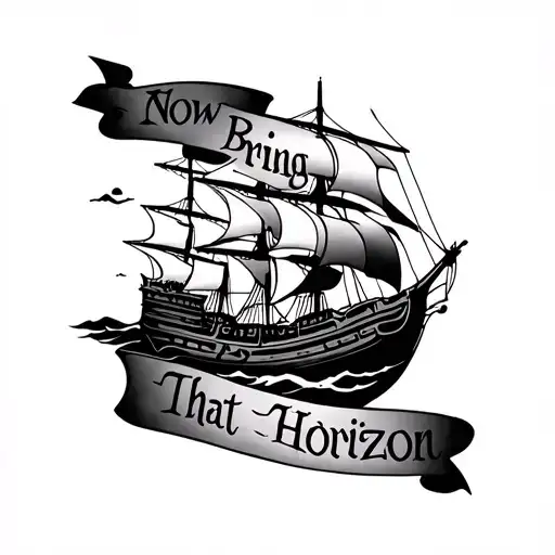 A tattoo with the inscription Now Bring Me that Horizon written in small font in the style of carbisee sea pirates. Little and Eleg tattoo design idea
