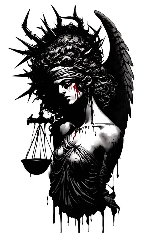 Corrupted Lady Justice with thorns on her head and with wings and her eyes blindfolded with blood tattoo design idea