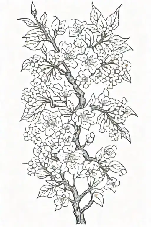 thin narrow black and white masculine cherry branch tattoo with blossoms tattoo design idea