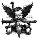 cherub gangster anger  holding a sword and uzi  Roman style with Roman numerals MCMLXXXV tattoo design idea